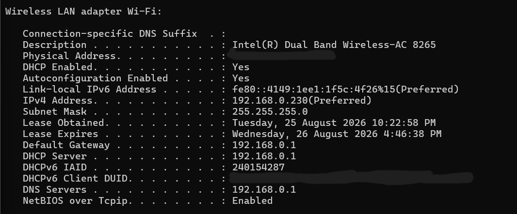 Windows IP configuration showing DHCP IPv4 address default gateway and DNS settings