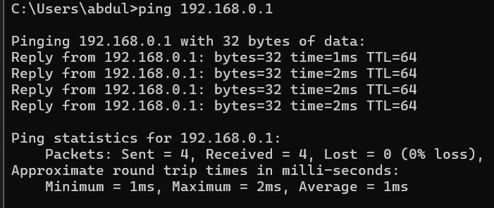 Successful ping test to the default gateway