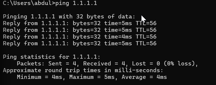 Successful external IP connectivity test to 1.1.1.1