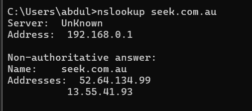 DNS lookup successfully resolving seek.com.au