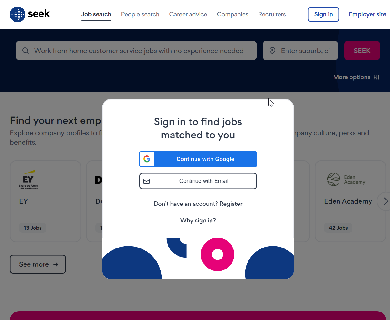 SEEK website successfully loaded during browser verification