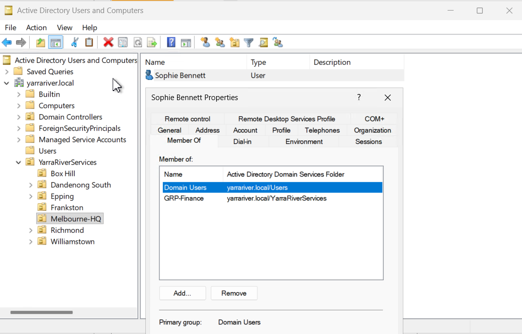 Active Directory Sophie Bennett properties showing GRP-Finance membership