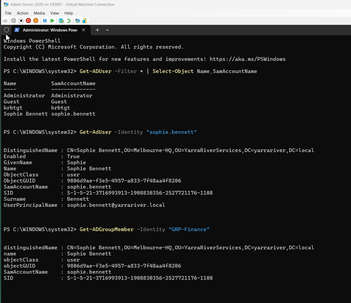 PowerShell Active Directory commands showing users Sophie Bennett and Finance group membership