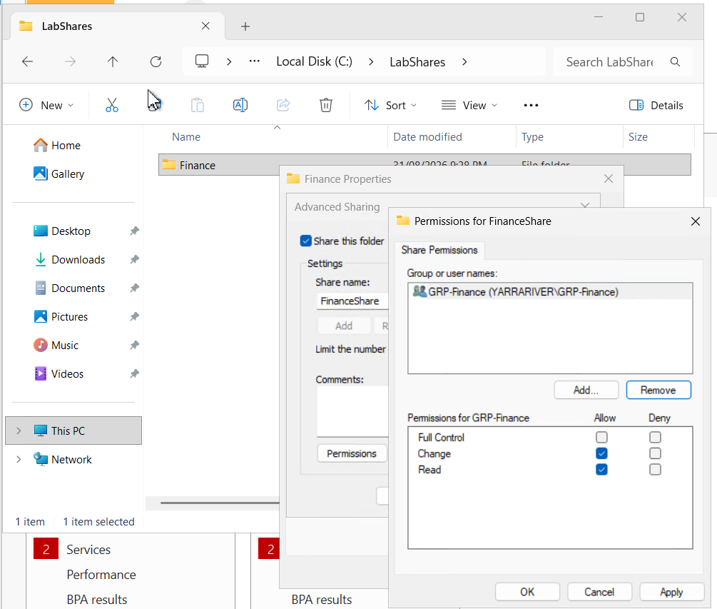 Windows FinanceShare permissions showing GRP-Finance with Change and Read permissions