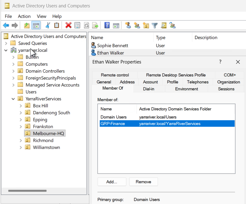 Active Directory Ethan Walker properties showing GRP-Finance membership