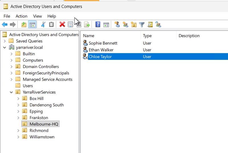 Active Directory Users and Computers showing Chloe Taylor with a disabled user account