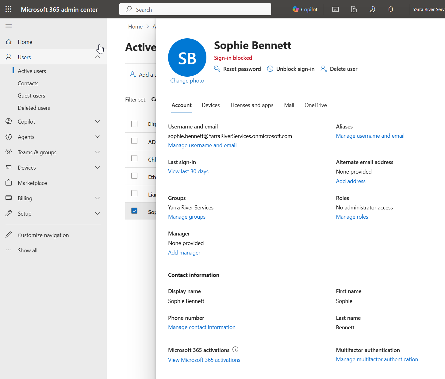 Microsoft 365 Admin Center showing Sophie Bennett with sign-in blocked