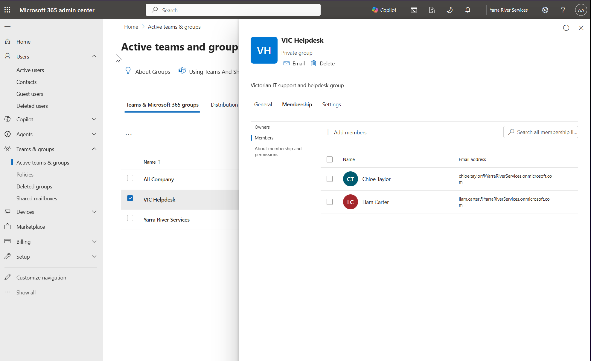 Microsoft 365 VIC Helpdesk group showing Chloe Taylor and Liam Carter as members