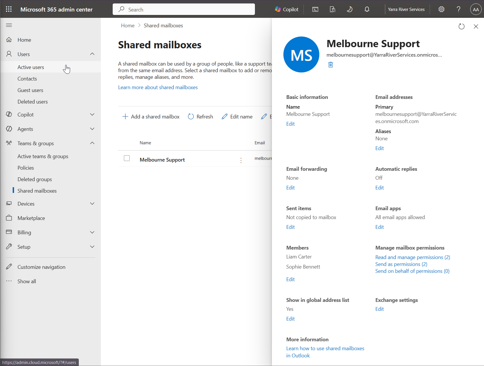Microsoft 365 Melbourne Support shared mailbox showing members and mailbox permissions