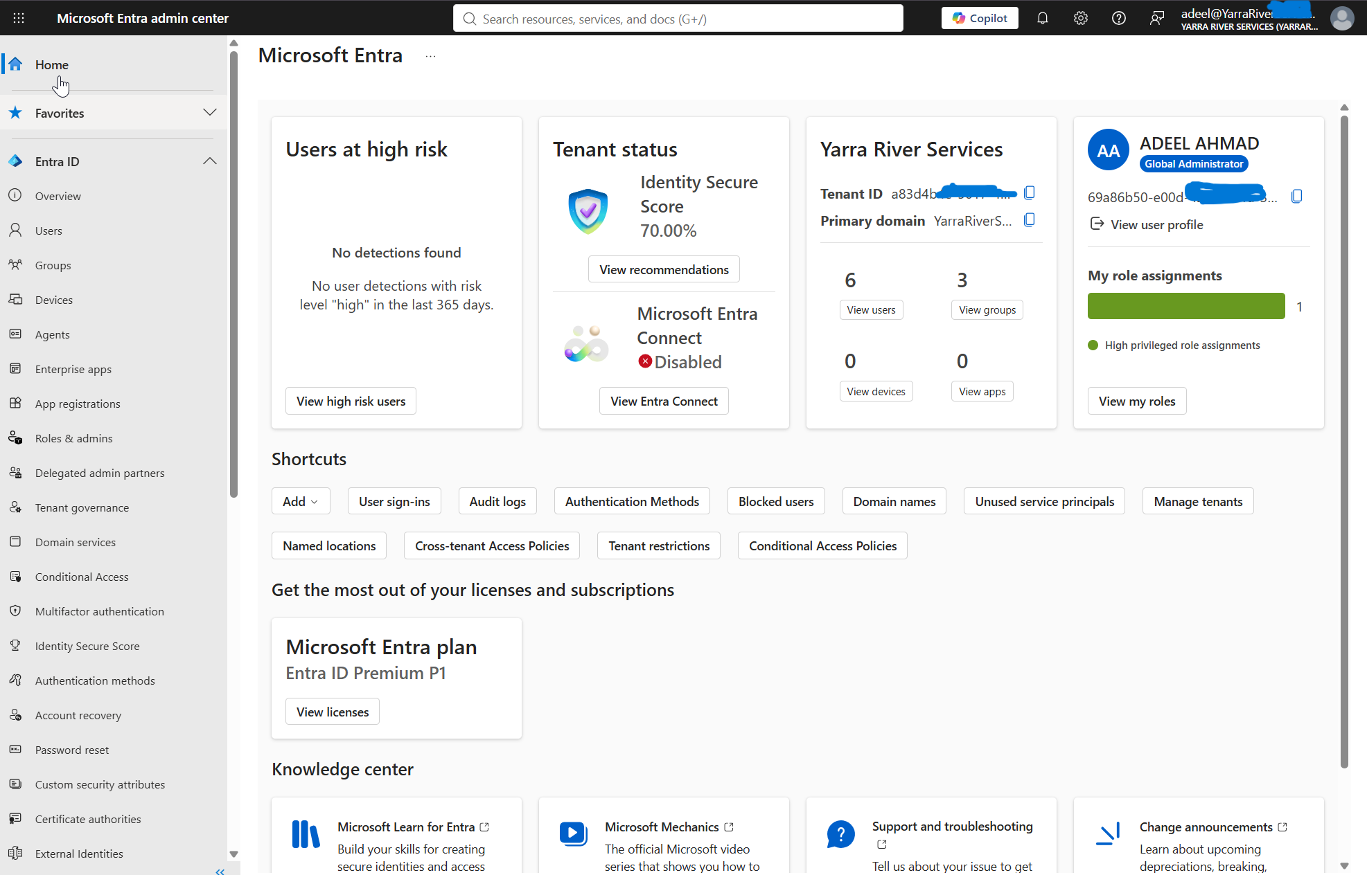 Microsoft Entra Admin Center for the fictional Yarra River Services test tenant