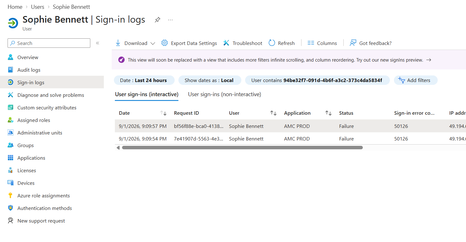 Microsoft Entra sign-in logs showing failed Sophie Bennett authentication attempts