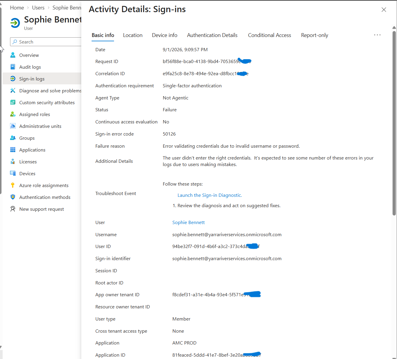 Microsoft Entra sign-in activity showing error 50126 and invalid username or password