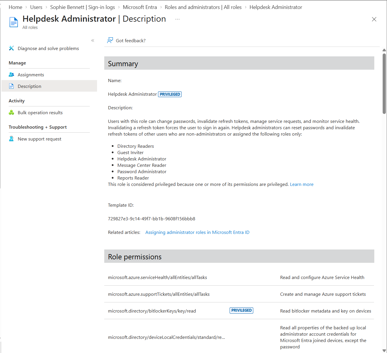 Microsoft Entra Helpdesk Administrator role description and permissions