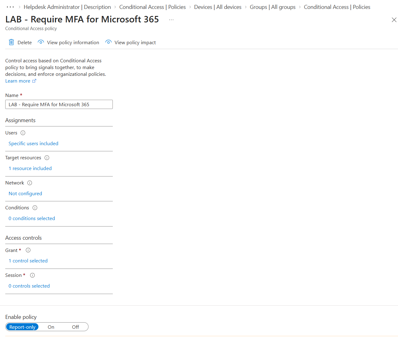 Microsoft Entra Conditional Access policy configured for Microsoft 365 MFA in Report-only mode