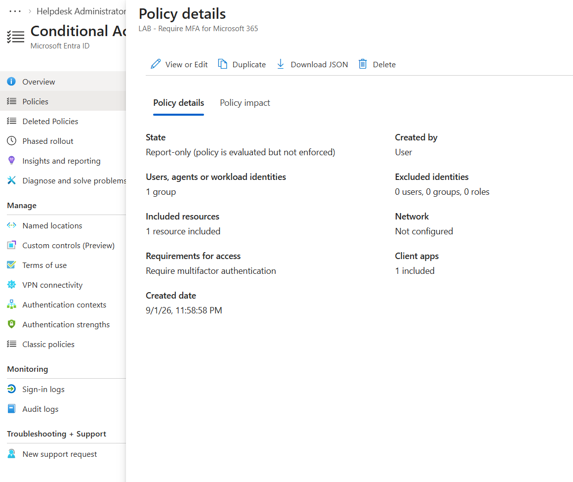 Microsoft Entra Conditional Access policy details showing Report-only state and MFA requirement