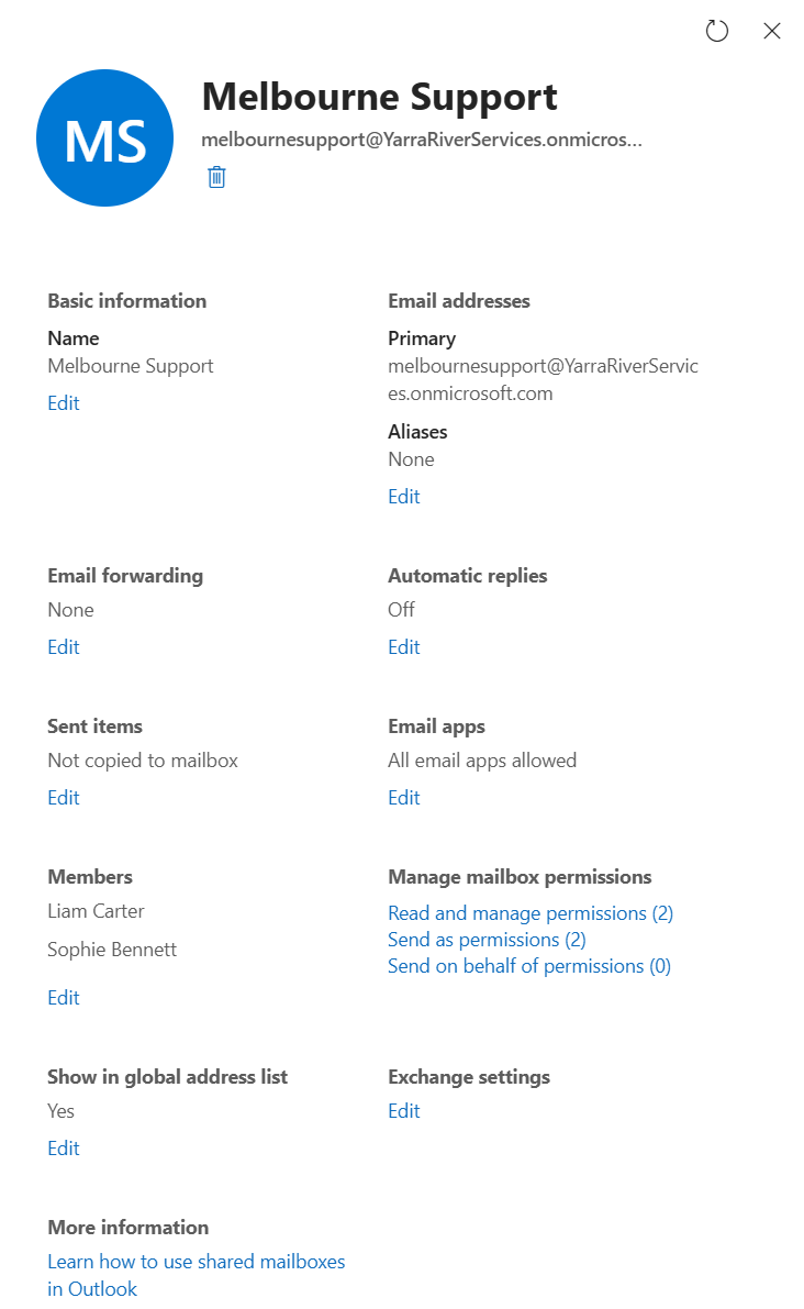 Microsoft 365 Melbourne Support shared mailbox showing Liam Carter as a member with delegated mailbox permissions