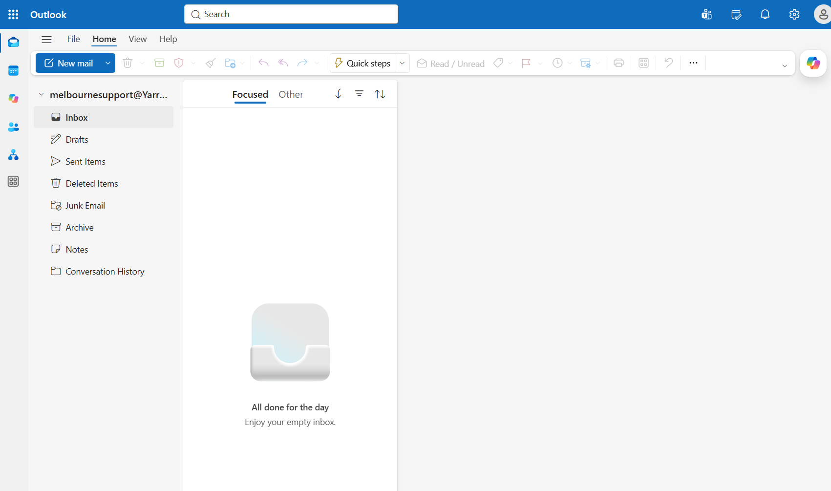 Outlook on the web successfully displaying the Melbourne Support shared mailbox