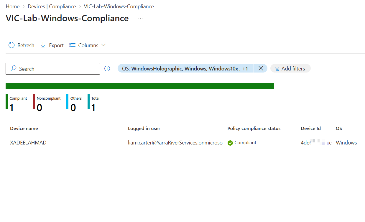 Microsoft Intune compliance policy showing compliant Windows device