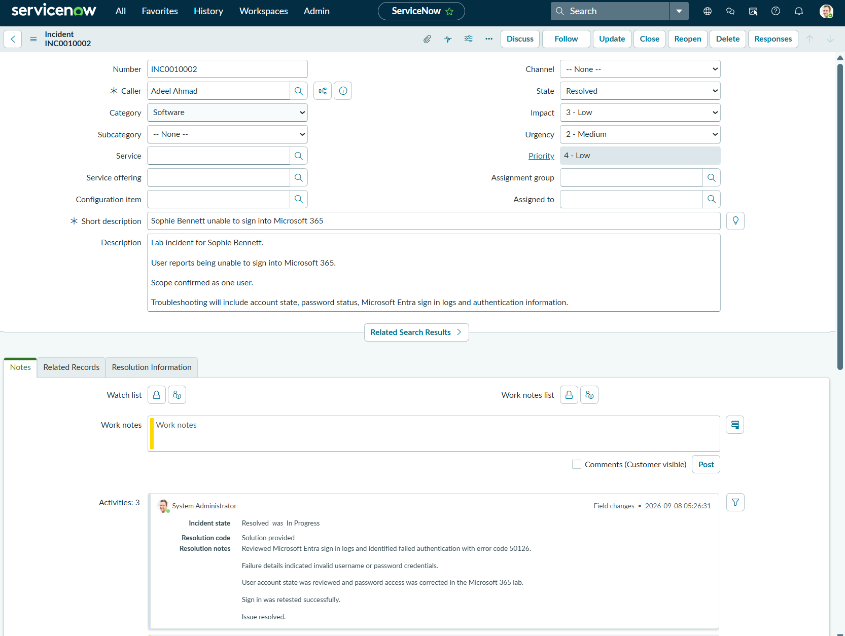 Resolved ServiceNow Microsoft 365 sign in incident