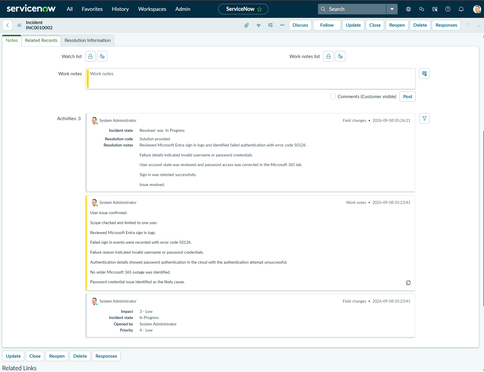 ServiceNow work notes and resolution evidence