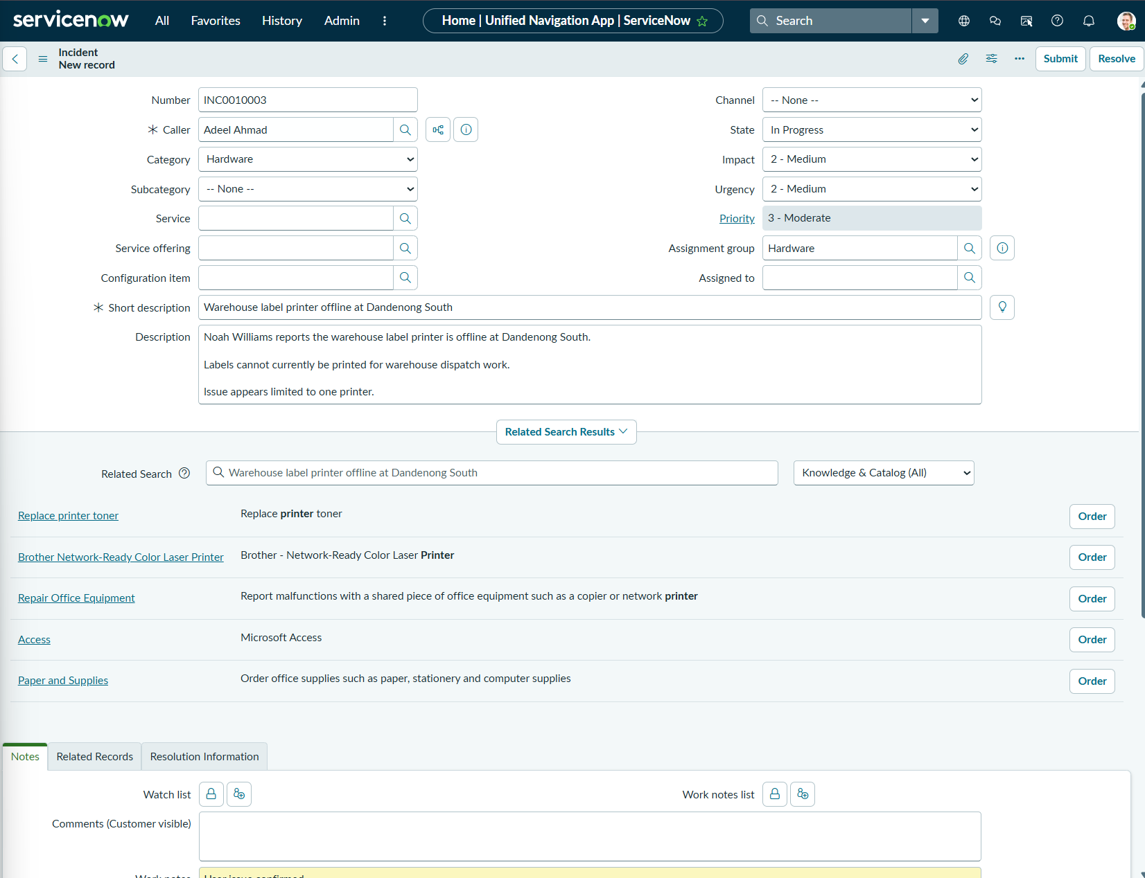 ServiceNow warehouse printer hardware incident