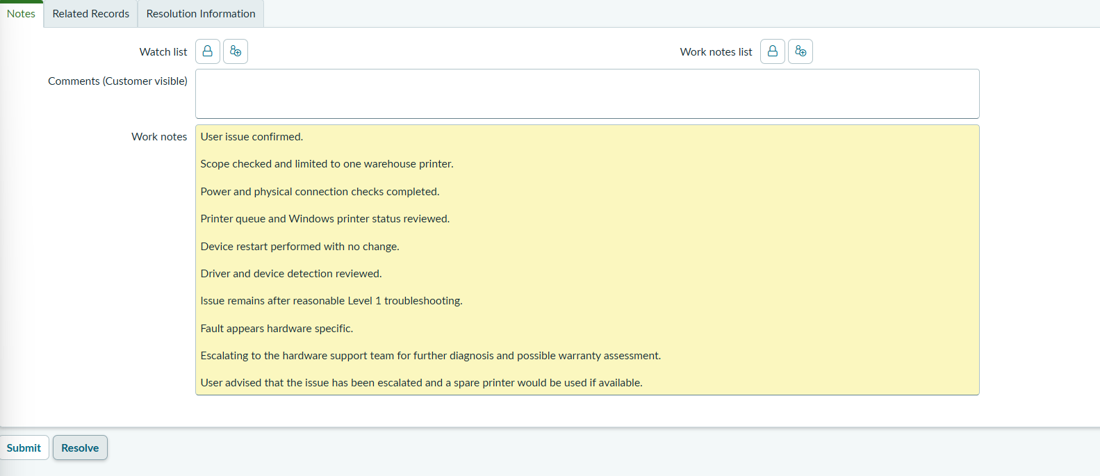 ServiceNow hardware escalation work notes