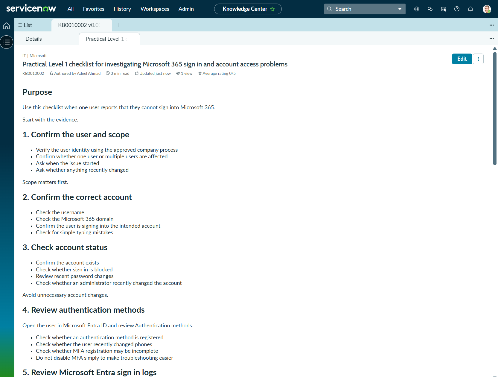 ServiceNow Microsoft 365 account access knowledge article